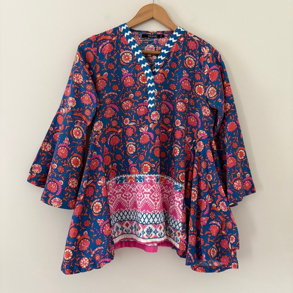 Khaadi Tunic Top 10 Blue Floral Block Print Bell Sleeve Boho Peplum Cotton